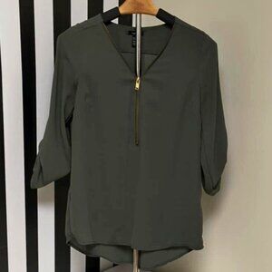 Rue 21 Olive Green Gold Colored Frontal Zipper Top Size S